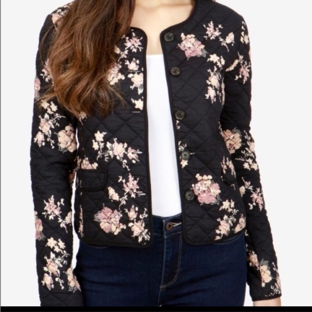 Lucky Brand quilted floral jacket Black Pink Asian Boho cottagecore whimsigoth S